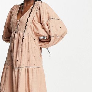 ASOS eyelet midi dress with puff sleeves in dusty pink